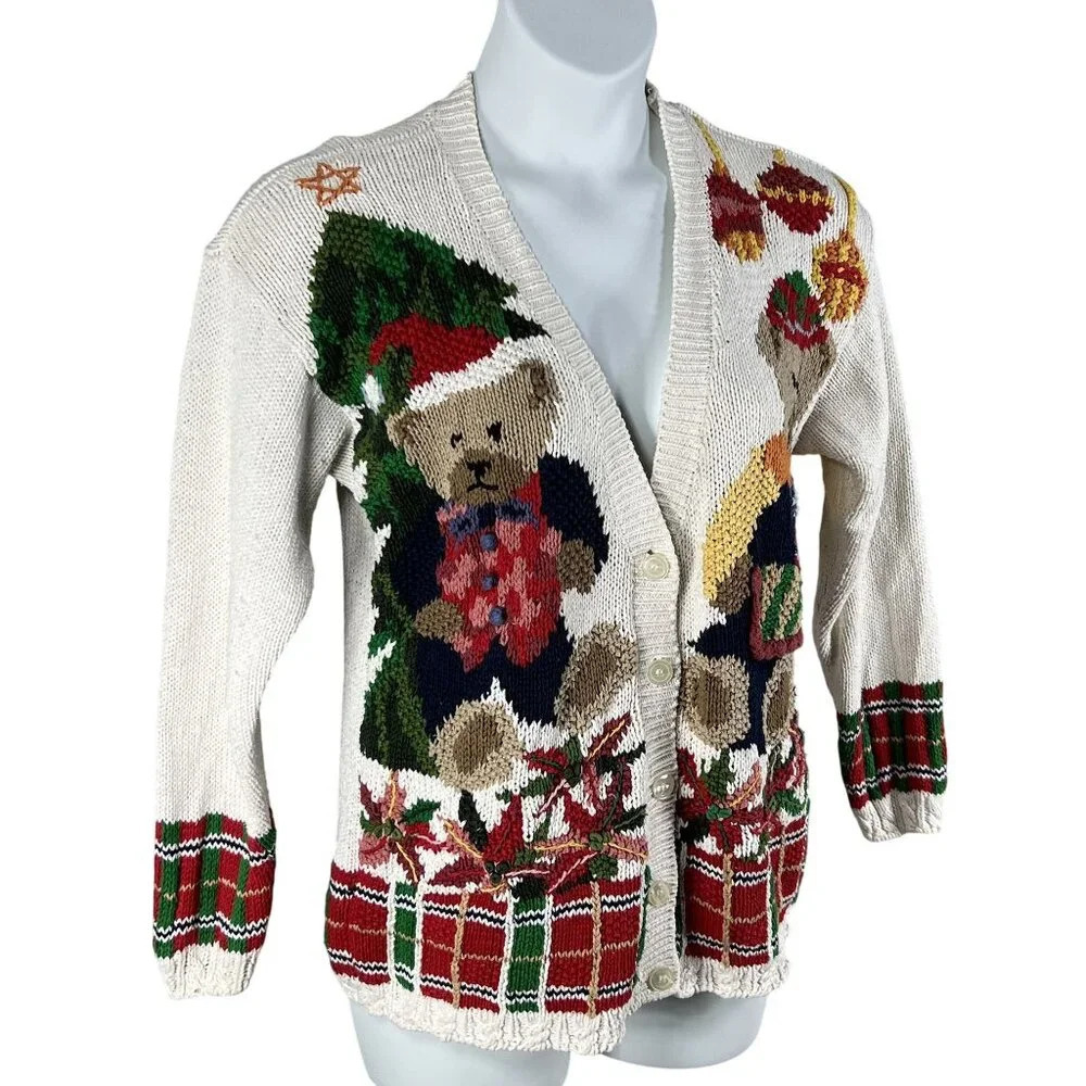 Vintage Crystal-Kobe  Womens M Cardigan Sweater Multi Color Bear Motif - Picture 3 of 15